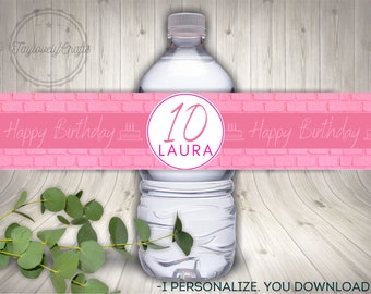 Pink Birthday Party Theme Water Bottle Labels, Pink Girl Birthday Decor, Customizable, Birthday Printable.