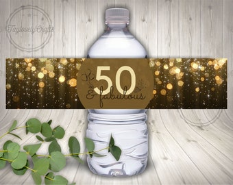 50th Birthday Party Water Bottle Labels, 50th Birthday Decoration, Gold & Black Birthday Party Decor.