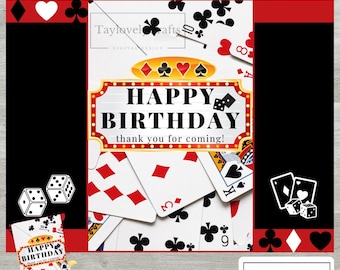 May include: Printable party invitation featuring a red and black casino theme with playing cards, dice, and the text "Happy Birthday, thank you for coming!"