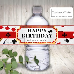 Etichette per bottiglie d&#39;acqua a tema casinò, decorazioni per feste di compleanno a tema casinò, download digitale immediato.