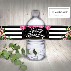 Stripes and Pink Water Bottle Labels, Kate Spade Theme Party Decorations, Instant Digital Download.