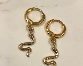 May include: A pair of gold hoop earrings with a dangling snake charm. The snake charm is a simple, stylized design.