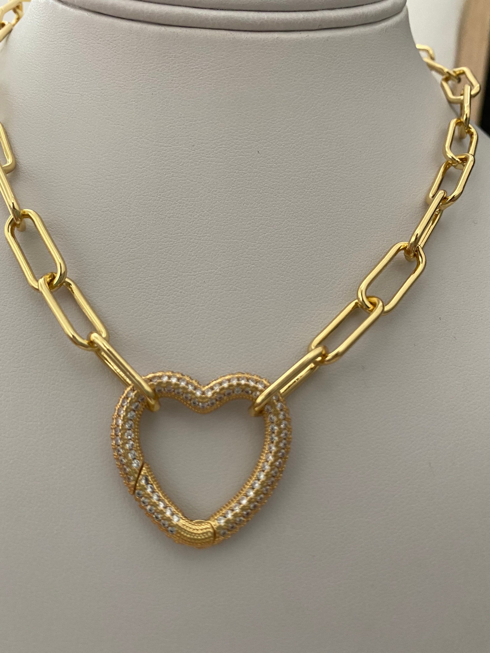 Chunky Oval Chain Cz Heart Necklace Etsy UK