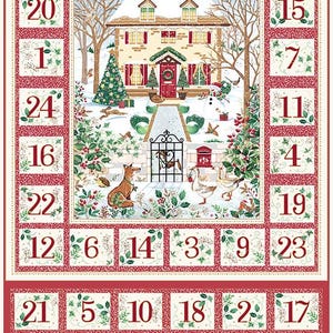 May include: A fabric advent calendar panel featuring a central winter scene of a house, a snowman, and animals, surrounded by numbered squares from 1 to 24. The design includes red borders with holly motifs and text at the top reading ADVENT CALENDAR.