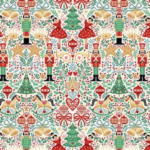May include: A repeating pattern on a cream background featuring Christmas motifs including red and green nutcrackers, ballerinas in red dresses, green Christmas trees, gold bells, rocking horses, red ornaments, gold stars, and holly leaves.