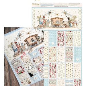May include: A fabric advent calendar panel titled Silent Night by Watercolour Heart. The panel features a nativity scene with angels and a manger, alongside twenty-four numbered pockets with various patterns. The panel measures 61 cm by 112 cm.