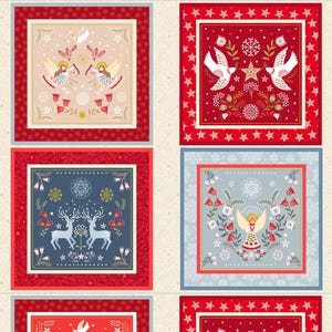 May include: A fabric panel with four square Christmas-themed designs. Each square has a red border with star or floral patterns. The designs feature angels, doves, reindeer, and snowflakes in various colors.