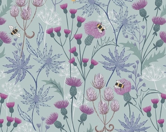 One Metre - Celtic Summer Floral - Blue/Grey Background - Cotton Fabric