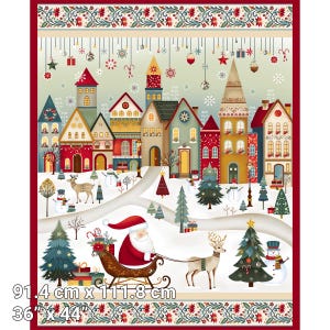 May include: A rectangular fabric panel featuring a festive winter village scene with Santa in a sleigh pulled by a reindeer, snowmen, and Christmas trees. The design includes a decorative floral border and text stating 91.4 cm x 111.8 cm and 36" x 44".