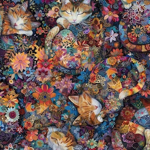 May include: A vibrant, multi-coloured illustration featuring several sleeping cats nestled within a dense, intricate pattern of various flowers and foliage in shades of orange, blue, purple, yellow, and green, creating a rich, textured visual tapestry.