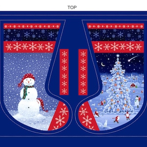 May include: A digital print fabric panel featuring four Christmas stocking patterns on a dark blue background. The designs include a snowy landscape with a decorated Christmas tree, a snowman wearing a red hat, and red borders with white snowflakes. Text reads CE22, DIGITAL PRINT, TOP, REPEAT: 18 x 44 inches.