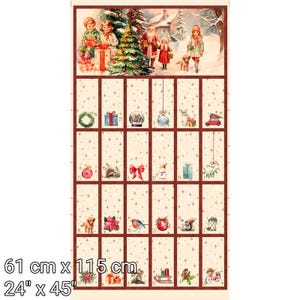 May include: A fabric advent calendar panel measuring 61 cm by 115 cm. The top features a vintage Christmas scene with children, Santa, and a tree. Below are twenty-four numbered rectangular sections, each decorated with festive holiday illustrations.
