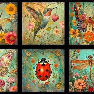 May include: A fabric panel featuring six square illustrations of insects and birds, including a bee, hummingbird, and butterflies, surrounded by colourful flowers on a teal background, with a floral border on the left and right sides.
