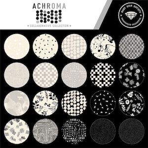 May include: A set of 18 black and white circle patterns. The patterns include dots, lines, and geometric shapes. The circles are arranged in a grid on a black background. The text "ACHROMA" and "COLLABORATIVE COLLECTION" is at the top of the image.