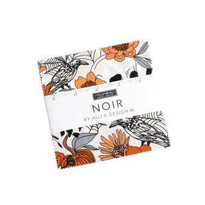 May include: A stack of fabric squares with a Halloween theme. The fabric features a white background with black crows, spiderwebs, orange flowers, and pumpkins. The label reads "NOIR" by Alli K Design AK.