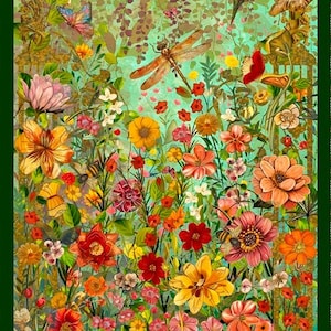 May include: A vertical rectangular print featuring a dense garden scene with vibrant red, orange, yellow, and pink flowers. A large butterfly, a hummingbird, and a dragonfly are visible among the foliage, framed by ornate gold archways.