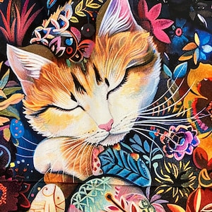 May include: A vibrant illustration of a sleeping ginger and white cat surrounded by a dense pattern of colourful flowers and leaves in shades of orange, blue, pink, and yellow against a dark background, featuring intricate details and textures.