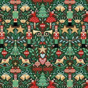 May include: A festive pattern on a dark green background featuring repeating illustrations of nutcrackers, ballerinas in red dresses, Christmas trees, gold bells, rocking horses, stars, hearts, and red and gold ornaments with intricate details.