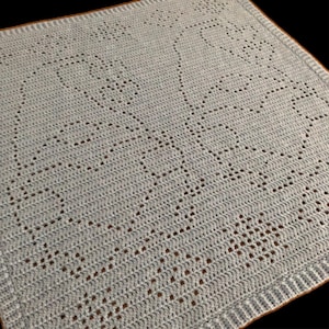 May include: A light blue crocheted baby blanket with a delicate pattern of hearts and flowers. The blanket has a brown border.