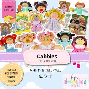 Pode incluir: Imagem de bonecas Cabbage Patch Kids e efêmeros digitais. As bonecas têm vários penteados e roupas. A imagem também inclui uma lancheira e um grupo de bonecas pequenas. O texto inclui "Download instantâneo", "Cabbies" e "6 páginas PDF para impressão, 8,5" x 11" (21,6 x 28 cm)".