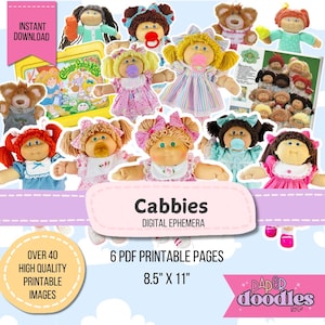 May include: A digital printable set of 6 pages featuring over 40 images of Cabbage Patch Kids dolls. The images are in various poses and outfits, including a pink dress, a blue dress, and a green dress. The images are perfect for scrapbooking, card making, and other craft projects. The printable pages are 8.5 inches by 11 inches.