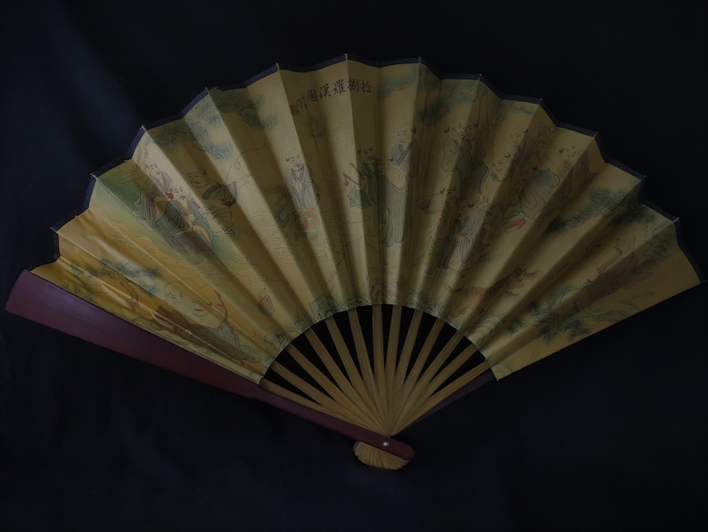 Elegant Vintage Chinese Bamboo Ribs Fabric Folding Hand Fan Eighteen Disciples of the Buddha Painting