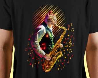 Saxofon Shirt | Musik T-Shirt | Lustiges Jazz Shirt | Lustiges Katzenshirt | Sax Musiker Shirt | Musik Geschenk | Sax Katze Unisex T-Shirt