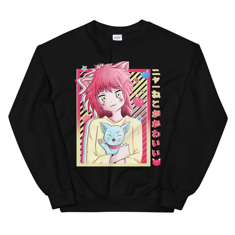 May include: Black sweatshirt with a graphic of a pink-haired anime girl holding a blue cat. The text "ニャんこがかわいい" is printed on the right side of the graphic.