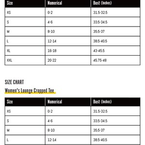 May include: Size chart for women's cropped sweatshirts and lounge cropped tees. The chart lists sizes XS through XXL with corresponding numerical sizes and bust measurements in inches.