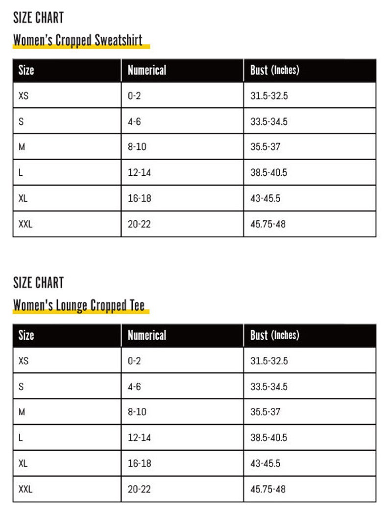 May include: Size chart for women's cropped sweatshirts and lounge cropped tees. The chart lists sizes XS through XXL with corresponding numerical sizes and bust measurements in inches.