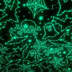 May include: A black fabric with a glow-in-the-dark design featuring ghosts, skulls, and spiderwebs. The design is made up of small white stars.