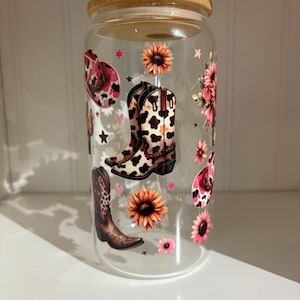 16 oz Cowboy moo glass cup with lid & straw