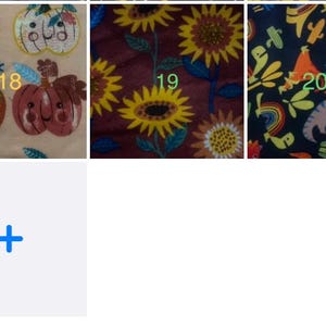 May include: A selection of fabric swatches with diverse patterns. One features owls in formal attire, another shows pumpkins with faces, and a third displays sunflowers. Other swatches include a pattern with a cat and a rainbow, and a pattern with cats.