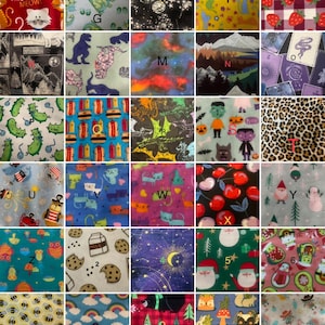 May include: A selection of fabric swatches featuring diverse patterns. Designs include fish, walruses, cats, cacti, strawberries, dinosaurs, stars, mountains, pickles, burgers, bats, pumpkins, cats, cherries, snowmen, owls, cookies, rainbows, Christmas trees, bees, octopuses, and suns.