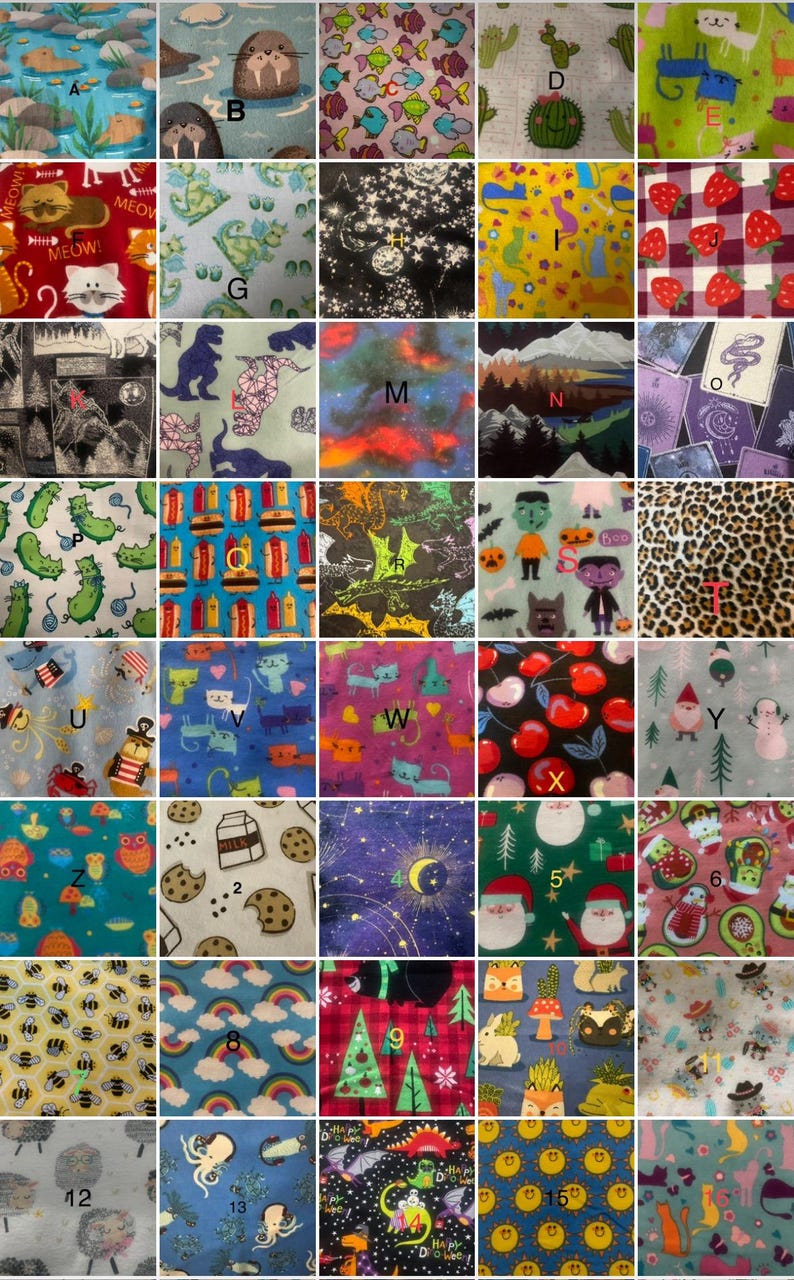 May include: A selection of fabric swatches featuring diverse patterns. Designs include fish, walruses, cats, cacti, strawberries, dinosaurs, stars, mountains, pickles, burgers, bats, pumpkins, cats, cherries, snowmen, owls, cookies, rainbows, Christmas trees, bees, octopuses, and suns.