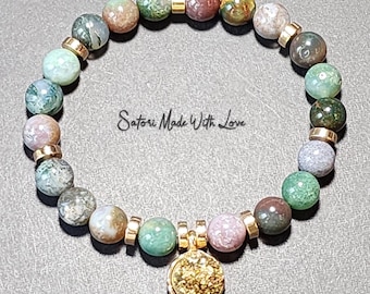 Indian Agate Bracelet with Quartz Charm, Handmade Crystal Jewelry