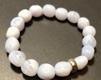 Blue Lace Agate Bracelet, Namibia Gemstone Nugget Beads, Handmade