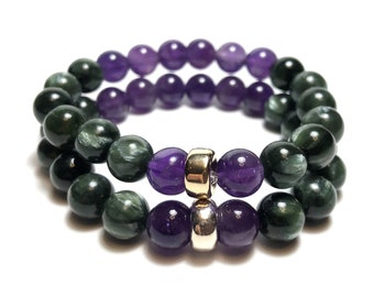 Seraphinite & Amethyst Beaded Bracelet | Genuine Gemstone