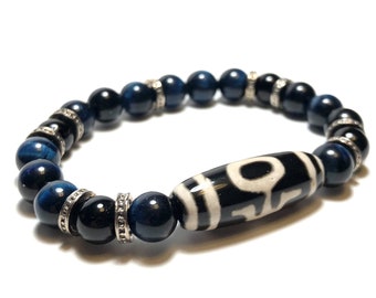 Handmade Blue Tiger Eye & Onyx Beaded Bracelet with Dzi Agate