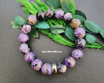 AAAA+ Grade Charoite Bracelet | Sterling Silver, 10mm Healing Bead