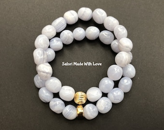 AAAA+ Blue Lace Agate Bracelet | 9.5mm Namibia Gemstone