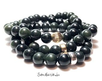 Canadian Nephrite Jade Bracelet, 8mm Dark Green Gemstone Beads