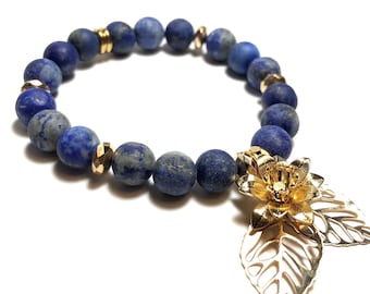 Handmade Matte Lapis Lazuli Bracelet | Gold Flower Charm, 8mm Gemstone Beads