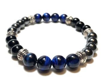 Blue Tiger Eye Bracelet, Onyx Hematite Gemstone, Handmade in Canada
