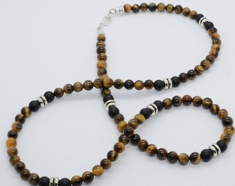 Tiger Eye Necklace with Black Onyx, Handmade Men's Boho Jewelry