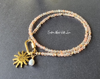 Rainbow Lattice Sunstone Beaded Necklace | Gold Filled Sun Charm, Pearl
