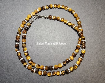 Tiger Eye Necklace, Long Mala Boho Necklace for Men