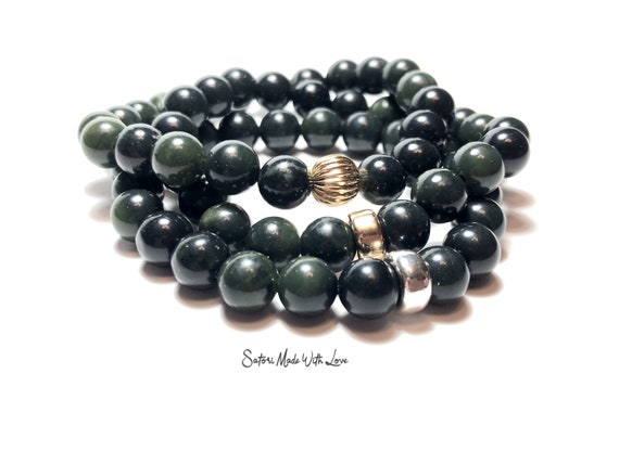 Canadian Nephrite Jade Bracelet, 8mm Dark Green Gemstone  display picture 3