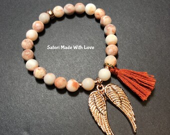 Red Web Jasper Bracelet | Rose Gold Angel Wings Charm, Tassel