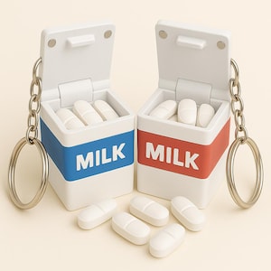 Retro Milk Carton Pill Holder Keychain – 3D Printed Mini Container for Lactaid or Medications | Cute Dairy-Themed Travel Pill Case